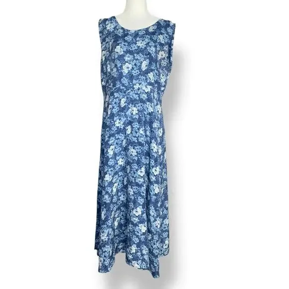 Vintage 90s Blue Floral Midi Dress Sleeveless Rayon A Line Medium Romantic - Picture 13 of 14